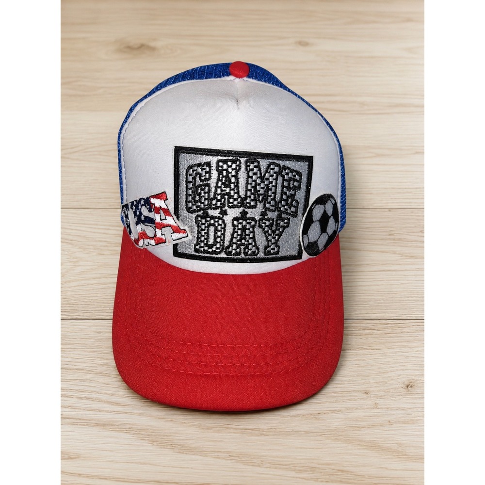 USA Game Day Soccer  Mesh Trucker Hat Red White Blue Embroidered Patches